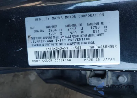 2005 Mazda Mazda3 S из США, поврежденный, VIN JM1BK343451221563